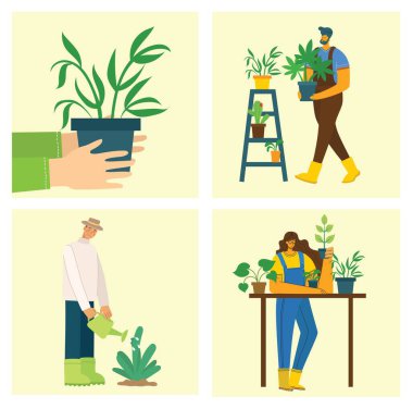 Daire dizaynında organik gıda, çiçek ve bitkiler olan bir grup köylü.