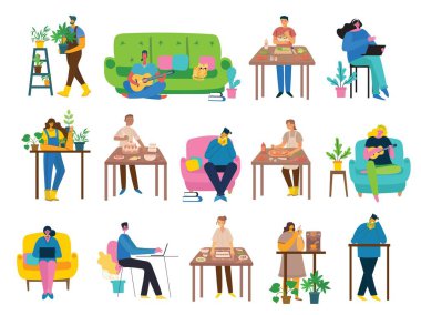 Farklı etkinlikler yapan grup insanlarının düz tasarımı için vektör illüstrasyonları