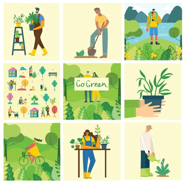 Conjunto vectorial de personas del pueblo con alimentos orgánicos, flores y plantas — Vector de stock