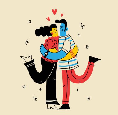 Mutlu, sevgi dolu bir çiftin kucaklaşmasının canlı bir örneği. Bu modern sanat, sevgililer günü ya da romantik projeler için mükemmel olan insan bağlantısının neşesini yakalar.