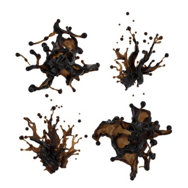 3D render, karanlık sıvı sıçrama, jetler, kahve klip sanat koleksiyonu, grungy çamur leke, izole tasarım öğeleri