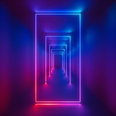 3d render, parlak çizgiler, tünel, morötesi spectrum, pembe mavi neon ışıkları, sanal gerçeklik, arka plan, kare portal, dikey kemer, pembe mavi spektrum canlı renkler, lazer gösterisi