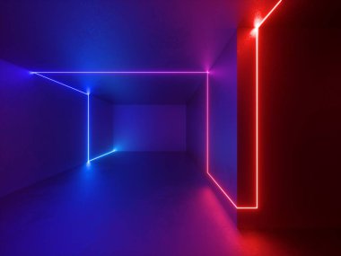 3D render, kırmızı mavi neon ışıklar kapalı, sanal gerçeklik, parlak çizgiler, oda, psychedelic arka plan, canlı renkler