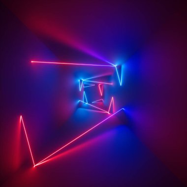 3D render, morötesi spectrum, parlak çizgiler, neon ışıkları, psychedelic arka plan, koridor, tünel perspektif, canlı renkler