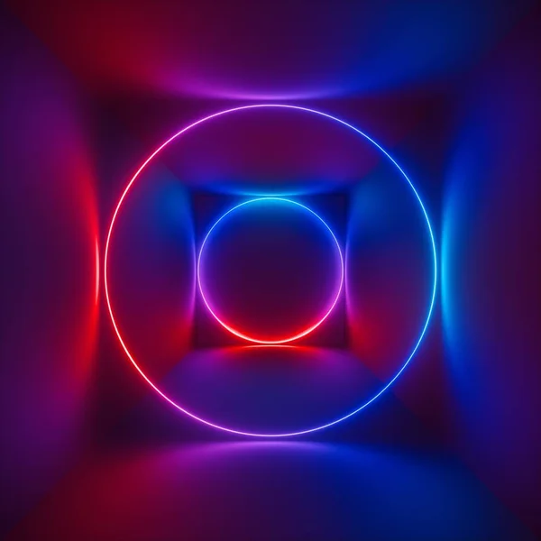 3d rendering, ultraviolet spectrum, glowing rings, circles, circular neon lights, abstract psychedelic square background, cubic room, corridor, tunnel perspective, vibrant colors