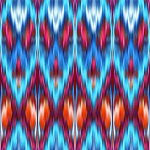 无缝抽象纹理 Ikat 复古错综复杂的背景 无缝的传统亚洲面料 时尚纺织品设计 红色蓝色霓虹灯壁纸 万花筒饰品 — 图库照片