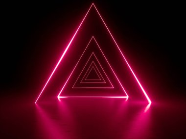 parlak çizgiler, üçgen, tünel, koridor, sanal gerçeklik, soyut moda arka plan, menekşe neon ışıkları, kemer, Kızılötesi spektrum canlı renkler, lazer gösterisi 3d render, kırmızı neon üçgen portal,