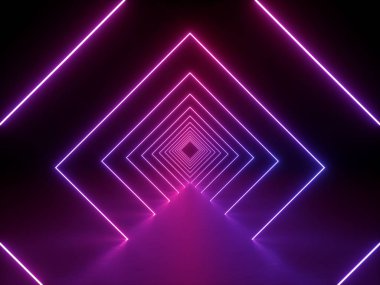 3D görüntüleme, ultraviyole neon kare portal, parlayan çizgiler, tünel, koridor, sanal gerçeklik, soyut moda arkaplan, mor neon ışıklar, kemer, pembe canlı renkler, lazer gösterisi