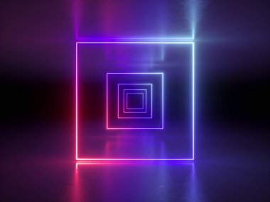 3D render, soyut moda parlak çizgiler, menekşe neon ışıkları, ultraviyole neon kare portal, tünel, koridor, sanal gerçeklik, kemer, arka plan, pembe mavi canlı renkler, lazer gösterisi