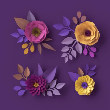 3D render, renkli kağıt çiçekler, izole küçük resim, moda duvar kağıdı, gül, Yıldız çiçeği, şakayık, mor sarı pembe, botanik öğelerinde menekşe arka plan, dekoratif papercraft, dijital illüstrasyon