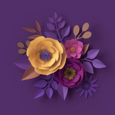 3D render, renkli kağıt çiçekler, Festival buket, tebrik kartı, moda duvar kağıdı, gül, Yıldız çiçeği, şakayık, yaprakları, mor sarı pembe, botanik öğelerinde menekşe arka plan, dekoratif kağıt el sanatları