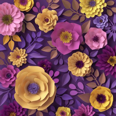 3D render, renkli kağıt çiçekler, moda duvar kağıdı, gül, Yıldız çiçeği, şakayık, mor sarı pembe, botanik öğelerinde menekşe arka plan, dekoratif papercraft, dijital illüstrasyon