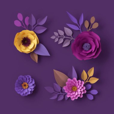 3D render, renkli kağıt çiçekler, izole küçük resim, moda duvar kağıdı, gül, Yıldız çiçeği, şakayık, mor sarı pembe, botanik öğelerinde menekşe arka plan, dekoratif papercraft, dijital illüstrasyon