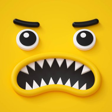 3D render, soyut duygusal yüz simgesi, kızgın karakter gidiş deli illüstrasyon, sevimli çizgi canavar, emoji, ifade, oyuncak