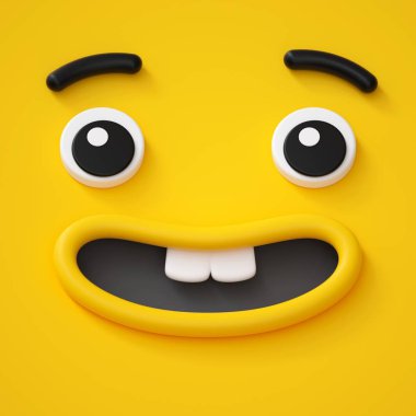 3D render, sevimli çocuksu yüzü, dişsiz gülümseme, hayret duygu, emoji, ifade, komik canavar