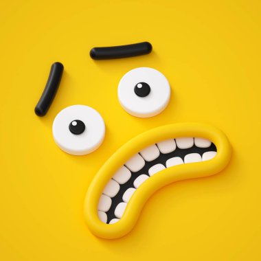 3D render, soyut duygusal yüz simgesi, korkmuş karakter illüstrasyon, sevimli çizgi canavar, emoji, ifade, oyuncak