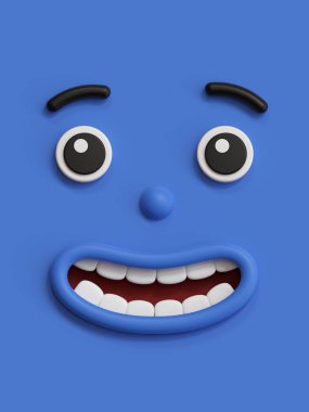 3D render, sevimli duygusal çizgi yüz, utangaç gülen çocuk, çok güzel bir gülümseme, hayalperest, ifade, mavi emoji
