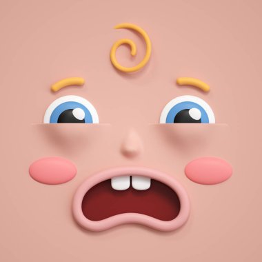 3D render, sevimli yüz simgesi, ağlıyor, üzgün, bebek duş, duygusal yüz ifadesi, sürpriz, hayret, emoji simgesi, çizgi film karakteri