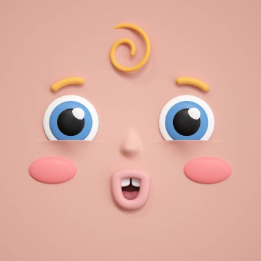 3D render, şirin bebek yüz simgesi, duygusal yüz ifadesi, sürpriz, hayret, emoji simgesi, çizgi film karakteri