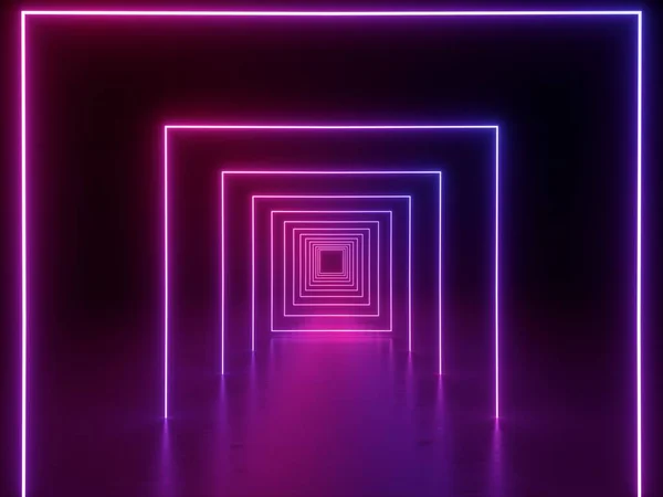 Render Ultraviyole Neon Kare Portal Parlak Çizgiler Tünel Koridor Sanal — Stok fotoğraf