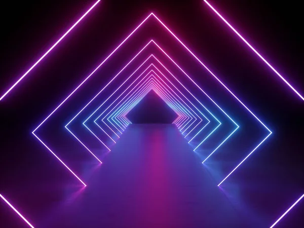 3D render, ultraviolet neon vierkant portaal, gloeiende lijnen, tunnel, gang, virtuele werkelijkheid, abstract mode achtergrond, violet neonlichten, boog, roze blauw levendige kleuren, laser-show — Stockfoto