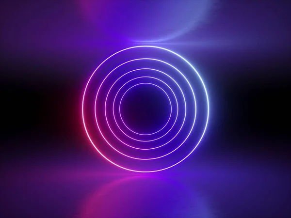 3D render, ultraviolet, neon verlichting, gloeiende ringen, ronde lijnen, tunnel, abstracte achtergrond, cirkels, rode blauwe spectrum, virtuele werkelijkheid, levendige kleuren, laser-show — Stockfoto