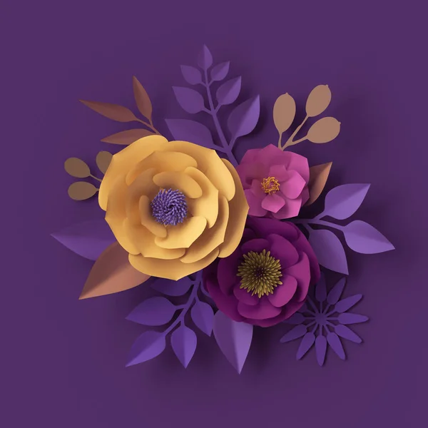 レンダリング カラフルな紙の花 お祝い花束 グリーティング カード ファッションの壁紙 ダリア 紫色の背景 装飾的なペーパー クラフトの紫黄色ピンク — ストック写真