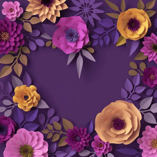 彩色纸花 心形贺卡 浪漫壁纸 大丽花 紫色黄粉红色 植物元素在紫罗兰色背景 Papercraft — 图库照片