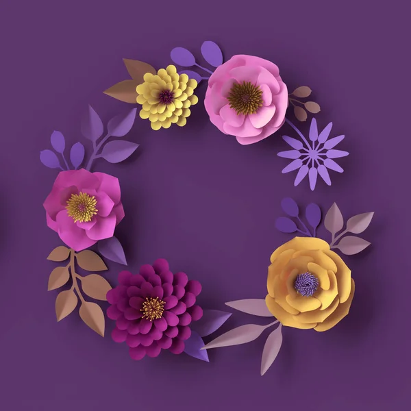 3d render, colorful paper flowers, round wreath, greeting card, fashion wallpaper, rose, dahlia, peony, leaves, purple yellow pink, botanical elements on violet background, decorative paper craft