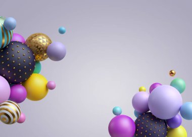 3D render, renkli geometrik arka plan, renkli topları, balonlar, temel şekiller, minimalist tasarım, pastel renkler, parti dekorasyon, plastik oyuncaklar, kopya alanı, izole öğeleri