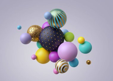 3D render, renkli geometrik arka plan, renkli topları, balonlar, temel şekiller, minimalist tasarım, pastel renkler paleti, parti dekorasyon, plastik oyuncaklar, izole öğeleri