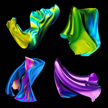 3D render, yanardöner holografik folyo, metalik kumaş, moda katlanmış kumaş, renkli kumaş, tasarım öğeleri kümesi, siyah arka plan üzerine izole,