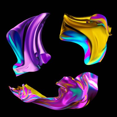 3D render, yanardöner holografik folyo, metalik kumaş, moda katlanmış kumaş, renkli kumaş, tasarım öğeleri kümesi, siyah arka plan üzerine izole,