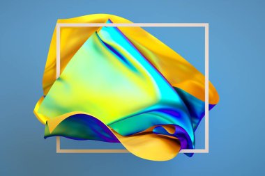3D render, soyut moda arka plan, yanardöner holografik folyo, örtüsünü açmak katlanmış bez, mavi izole yaratıcı çok renkli Tekstil