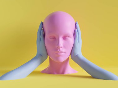 3D render, kadın manken kafası, kulakları kapalı eller, sessizlik kavramı, yalıtılmış nesne, en az moda arka plan, ekran, pembe mavi sarı pastel renkler shop