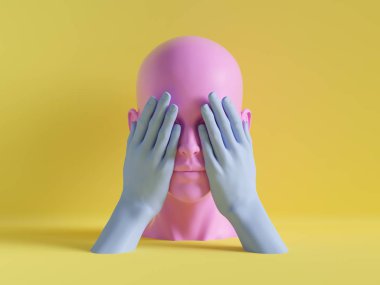 3D render, kadın manken kafası, gözleri kapalı eller, kör kavramı, yalıtılmış nesne, en az moda arka plan, ekran, pembe mavi sarı pastel renkler shop