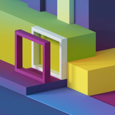 3D render, en az arka plan, basit geometrik şekiller, Bahçesi, oyuncaklar, küp, renkli dikdörtgen bloklar