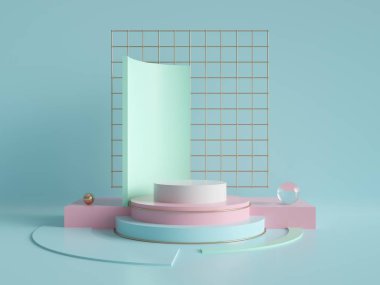 3D görüntüleme, ilkel şekiller, soyut geometrik arkaplan, silindir podyum, modern minimalist model, boş şablon, altın metal şablon, boş vitrin, dükkan vitrini, nane mavisi pastel renkler