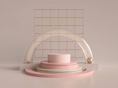 3D render, geometrik arka plan, minimalist ilkel şekilleri, modern sahte kadar silindir podyum, boş şablon, gül altın metal ızgara, boş vitrin, Dükkanı ekran, allık pembe pastel renkler