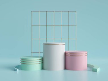 3D render, geometrik arka plan, silindir podyum, minimalist ilkel şekilleri, yukarı, boş şablon, altın metal ızgara, boş vitrin, Dükkanı ekran, nane mavi pembe pastel renkler modern sahte