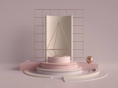 3D render, soyut geometrik arka plan, ilkel piramit şeklinde, gül altın ızgara, yukarı, boş şablon, boş vitrin, art deco Dükkanı ekran, allık pembe pastel renkler modern minimalist sahte