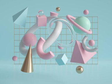 3D render, uçan nesneler, altın koni, piramit, küp, top, torus, temel şekiller, kaos, nane pembe beyaz pastel renkler, geometrik arka plan