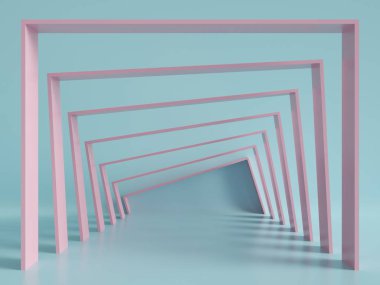 3D render, en az moda arka plan, kemer, tünel, koridor, portal, bakış açısı, pembe nane pastel renkler