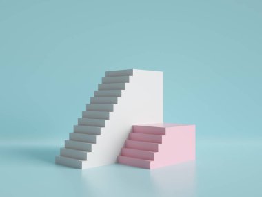 3D render, en az arka plan, pembe ve beyaz bir merdiven, podyum, pastel renkler