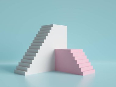 3D render, en az arka plan, pembe ve beyaz bir merdiven, podyum, pastel renkler