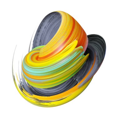 3D render, soyut çok renkli fırça darbesi, sarı boya sanatsal smear, sıçramak, sıçramak, renkli curl, girdap, üzerinde beyaz izole klip sanat tasarım öğesi