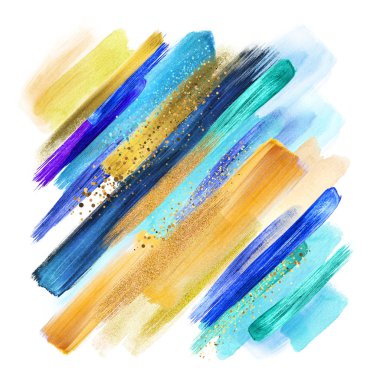 Soyut boya smear izole beyaz, suluboya fırça darbeleri, yaratıcı illüstrasyon, mavi sarı sanatsal paleti, altın glitter, boho moda, karmaşık etnik köken, grungy smear