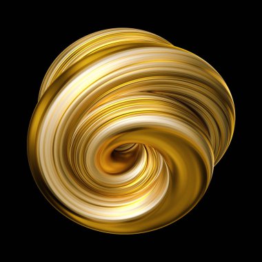3D render, soyut sarı altın şekli, fırça darbesi, sanatsal smear, renkli curl, sarmal, girdap, küçük izole sanat siyah arka plan