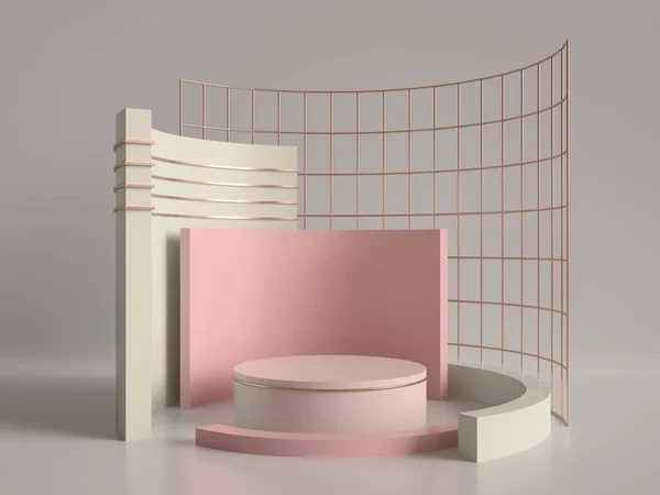 Rendering 3d, forme primitive, sfondo geometrico astratto, podio cilindro, moderno modello minimalista, modello vuoto, griglia in metallo oro rosa, vetrina vuota, vetrina del negozio, colori pastello rosa arrossito — Foto Stock