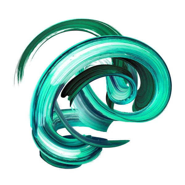3D render abstracte penseelstreek, artistieke uitstrijkje, groene verf splash, gedraaide splatter, kleurrijke curl, spiraal, vortex, levendige lint, clip art ontwerpelement geïsoleerd op wit — Stockfoto